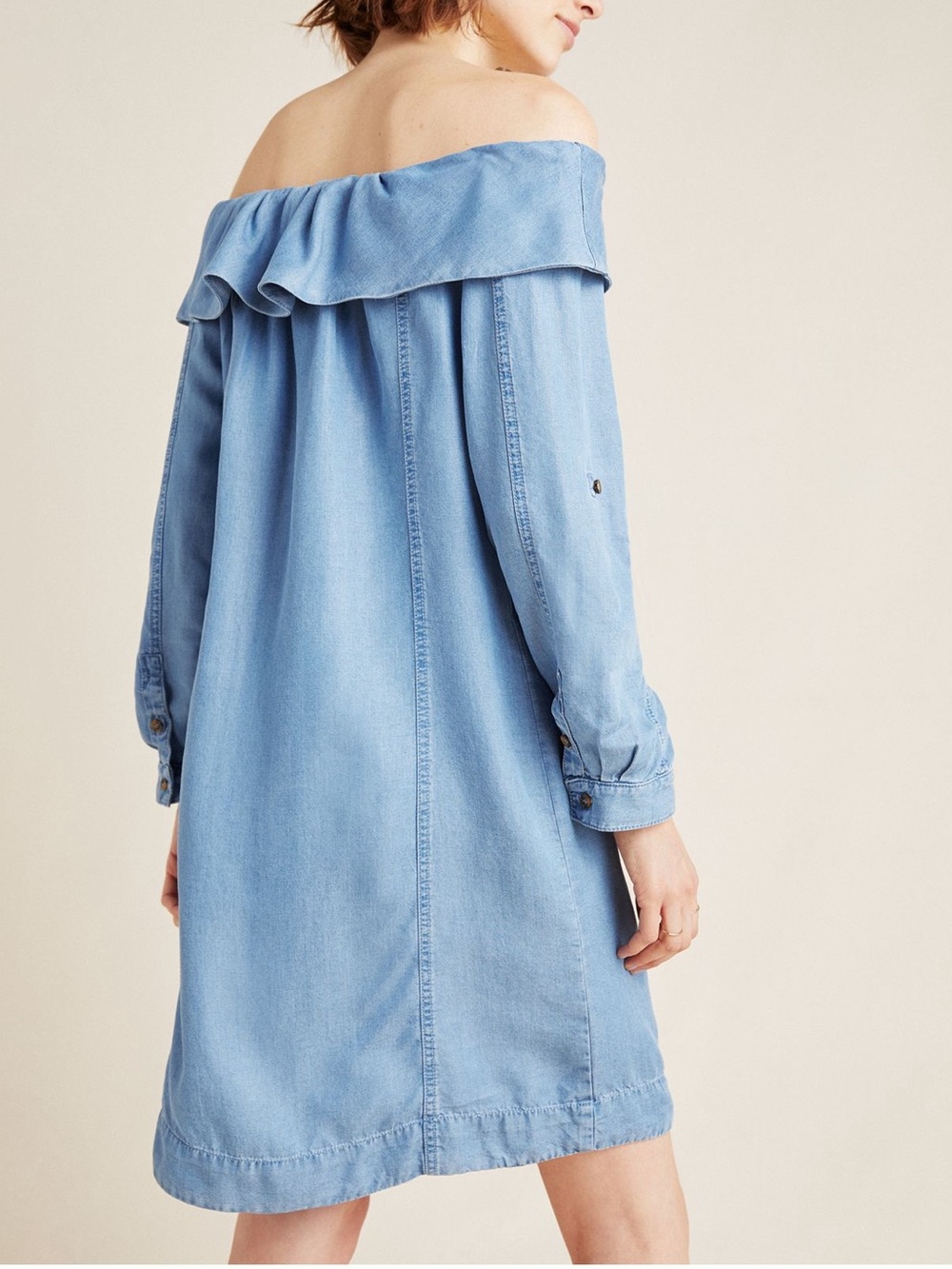 Pilcro Chambray Off-the-Shoulder Dress in Chambray Blue